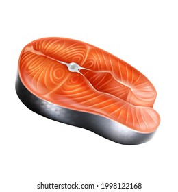 Realistic detailed 3d raw salmon fillet slice steak vector realistic isolated illustration. Fresh fish seafood fillet, trout fresh steak or red fish.