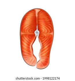 Realistic detailed 3d raw salmon fillet slice steak vector realistic isolated illustration. Fresh fish seafood fillet, trout fresh steak or red fish.