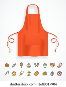Realistic Detailed 3d Red Apron and Thin Line Icon Concept of Kitchen. Vector illustration of Bakery Icons