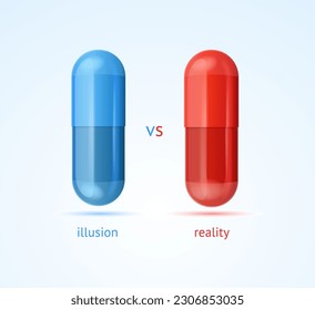 Realistic Detailed 3d Red and Blue Pills Capsules Set Illusion vs Reality Banner Concept. Vector illustration