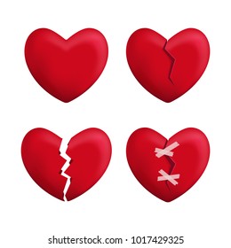 Realistic Detailed 3d Red Broken Hearts Set Icons Symbol of Pain and Love. Vector illustration of Icon Heart