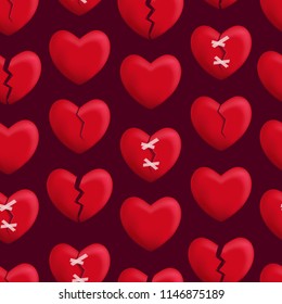Realistic Detailed 3d Red Broken Hearts Seamless Pattern Background Symbol of Pain and Love. Vector illustration of Icon Heart