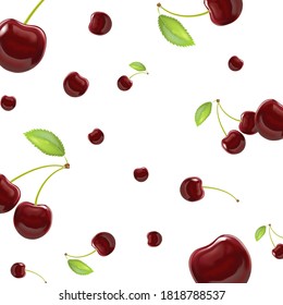 El realismo detallado 3d Red Cherry Berries Seamless Pattern Background en un blanco. Ilustración vectorial de Berry de vitamina brillante
