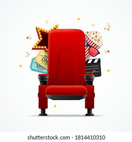 Realistic Detailed 3d Red Cinema Chair Concept Include of Tickets and Star . Vector illustration of Armchair