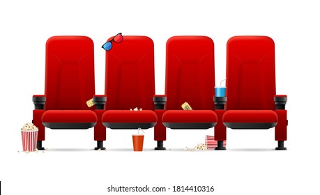 Realistic Detailed 3d Red Cinema Seats with Different Trash after Movie Screening. Vector illustration of Chairs svg