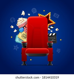 Realistic Detailed 3d Red Cinema Chair Concept with Thin Line Icons on a Blue. Vector illustration
