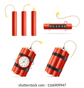 Realistic Detailed 3d Red Detonate Dynamite Bomb Stick and Timer Clock Set Isolated on White Background. Vector illustration