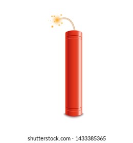 Realistic detailed 3d red detonate dynamite bomb stick with a fire flash vector illustration isolated on a white background. Dangerous TNT weapon before explosion moment.