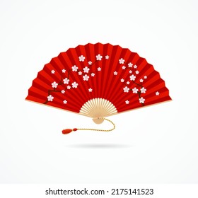 Realistic Detailed 3d Red Folding Asian Hand Fan with Sakura Blossoms Isolated on a White Background Oriental Culture Element. Vector illustration