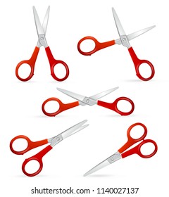 Realistic Detailed 3d Red Handle Scissors Set Sharp Tool for Tailor Business. Vector illustration of Steel Scissor