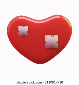 Realistic detailed 3D red heart with patches, a symbol of pain and love. Vector illustration isolated on white background, 3d render