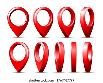 Realistic Detailed 3d Red Map Pointer Pin Set in Different positions. Symbol of Location and Navigation. Vector illustration of Pins