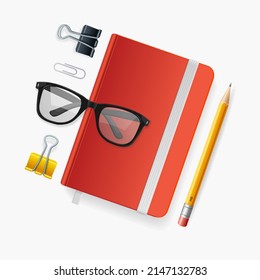 Realistic Detailed 3d Red Notebook with Elastic Band and Glasses Set Hipster Style Concept. Vector illustration