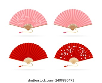 Realistic Detailed 3d Red and Pink Asian Hand Fans Set Symbol of Culture. Vector illustration of Paper Folding Fan Empty and with Print