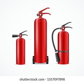 Realistic Detailed 3d Red Portable Fire Extinguisher Set Different Type for Extinguishing and Prevention. Vector illustration