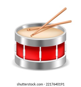 Realistic Detailed 3d Red Snare Drum with Wooden Sticks. Vector illustration of Musical Instrument or Toy