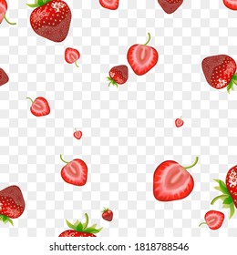 Realistic Detailed 3d Red Strawberry Seamless Pattern Background on a Transparent. Vector illustration of Strawberries Berries