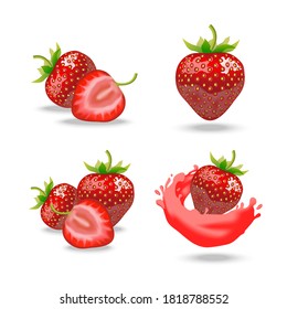 Realistic Detailed 3d Red Strawberry Set Include of Whole, Half and with Juice. Vector illustration of Berries