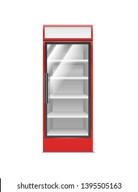 Realistic Detailed 3d Red Supermarket Freezer Refrigerator for Fresh Food and Drink. Vector illustration of Fridge Shop Equipment