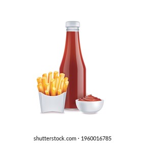 Realistic Detailed 3d Red Tomato Ketchup Bottle and Potato French Fries in White Paper Box. Vector illustration