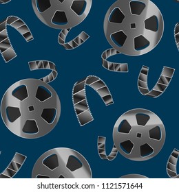 Realistic Detailed 3d Reel of Film Tape Movie Cinema Seamless Pattern Background Video Entertainment Element. Vector illustration of Cinematography Industry Equipment
