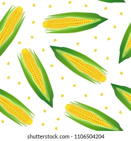 Realistic Detailed 3d Ripe Corncobs with Yellow Corns Natural Vegetarian Food Seamless Pattern Background on a White. Vector illustration of Maize