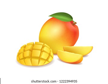 Realistic Detailed 3d Ripe Fruit Tasty Whole Mango and Sliced Natural Fresh Sweet. Vector illustration of Tropical Dessert