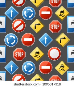 Realistic Detailed 3d Road Sign Seamless Pattern Background Symbols of Stop or Warning for Web and App. Vector illustration