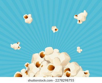 Realistic Detailed 3d Salted Popcorn Background on a Blue Fast Food for Film Movie Concept. Vector illustration of Cinema Snacks