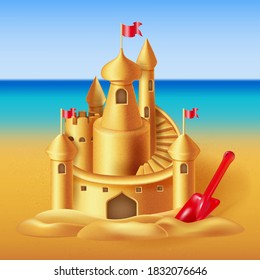 Realistic Detailed 3d Sand Castle on a Landscape Scene Symbol of Summer Holidays on a Beach. Vector illustration of Sandcastle