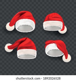 Realistic Detailed 3d Santa Hat Set on a Transparent Background Symbol of Winter Holiday. Vector illustration