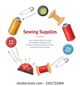 Realistic Detailed 3d Sewing Supplies for Tailoring and Needlework Banner Card Circle Include of Thread, Needle and Button. Vector illustration