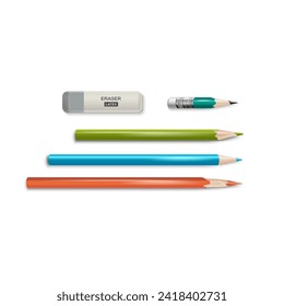 Realistic Detailed 3d Sharpened Color Pencil with a Rubber Band Set. Vector illustration of Pencils and Eraser