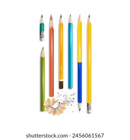 Realistic Detailed 3d Sharpened Color Pencil with a Rubber Band Set. Vector illustration of Different Pencils