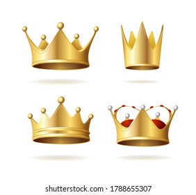 Realistic Detailed 3d Shine Golden Royal Crown Set Symbol of Monarchy and Leadership. Vector illustration of Crowns