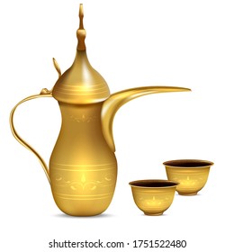 Realistic Detailed 3d Shiny Metal Arabic Coffee Pot Set Symbol of Traditional Culture. Vector illustration of Dallah