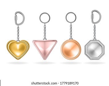 Realistic Detailed 3d Shiny Metal Keychains Set Include of Circle and Heart Shape. Vector illustration of Keyring