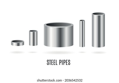 Realistic Detailed 3d Shiny Round Steel or Metal Pipes Set for Fuel or Gasoline. Vector illustration of Iron Tubes