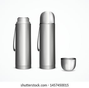 Realistic Detailed 3d Silver Blank Thermos Template Mockup Set. Vector illustration of Metallic Thermo Flask for Travel