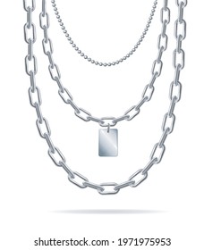 Realistic Detailed 3d Silver Chain with Pendant Set. Vector