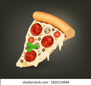 Realistic Detailed 3d Slice of Pizza Tasty Fast Food for Italian Restaurant or Pizzeria Design. Vector illustration