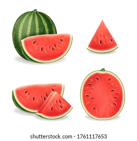 Realistic Detailed 3d Sliced Ripe Red Watermelon with Seed Set. Vector illustration of Sweet Healthy Summer Dessert