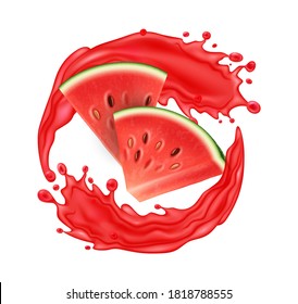 Realistic Detailed 3d Sliced Ripe Red Watermelon with Splash Juice Symbol of Summer. Vector illustration of Natural Dessert