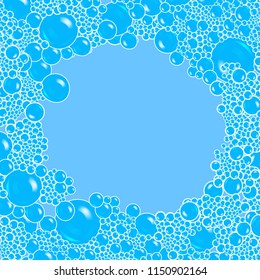 Realistic Detailed 3d Soap Foam Concept Frame or Border on a Blue Background Decorative Element. Vector illustration of Sudsy Bubble Water