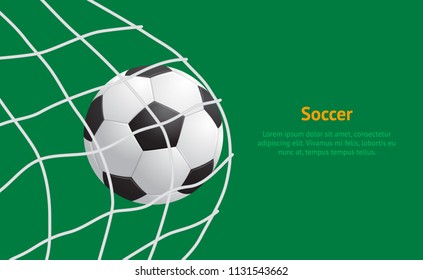 Realistic Detailed 3d Soccer Ball Hitting on Net Card Play Football Sport Game Goal Competition Win Concept. Vector illustration