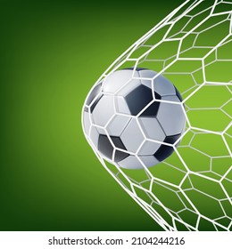 Realistic Detailed 3d Soccer Ball Scores A Goal Net On Green Football Grass Field Background. Vector Illustration