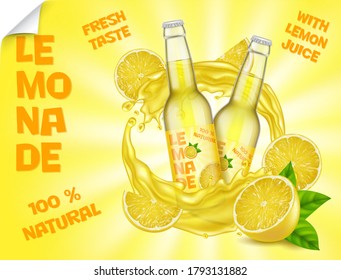 Realistic Detailed 3d Soft Drink Lemonade Banner Concept Ad Poster Card. Vector illustration of Summer Tasty Beverage