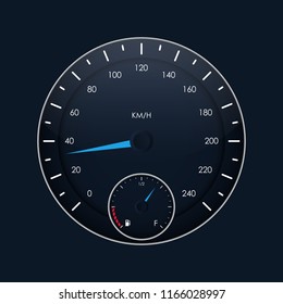Realistic Detailed 3d Speedometer on a Dark Control Speed Auto on Dashboard, Gauge Measurement Car. Vector illustration of Interface