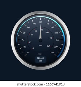 Realistic Detailed 3d Speedometer on a Dark Control Speed Auto on Dashboard, Gauge Measurement Car. Vector illustration of Equipment