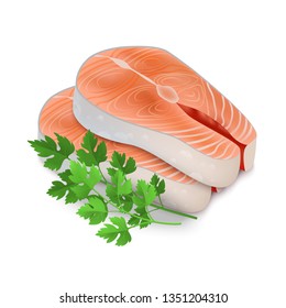 Realistic Detailed 3d Steak of Red Fish and Raw Parsley Seafood Healthy Nutrition Salmon Piece for Cooking. Vector illustration of Fillet